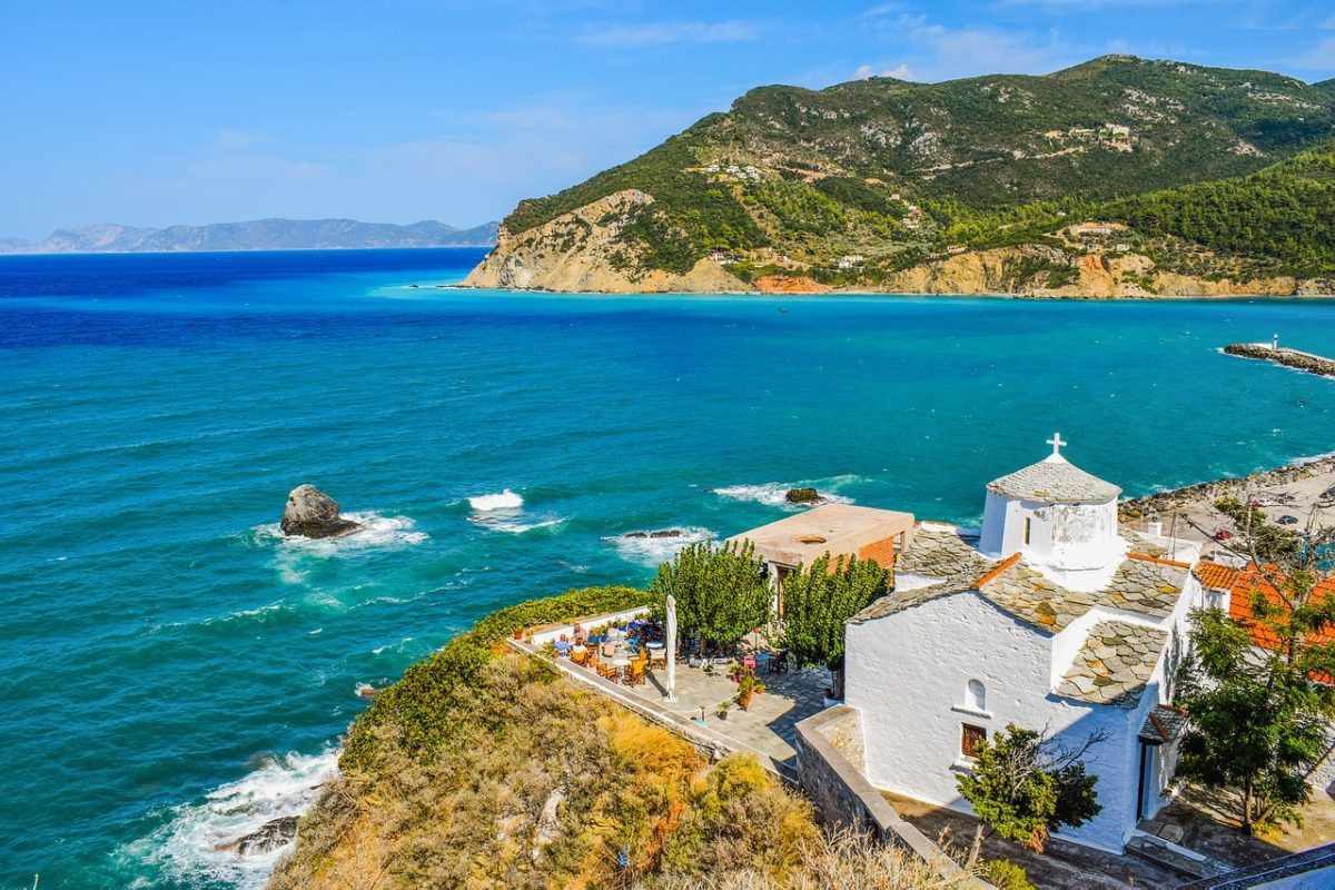 Skopelos island church and sea