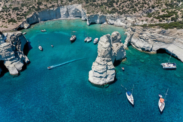 Aerial view: sailing boats at Kleftiko beach