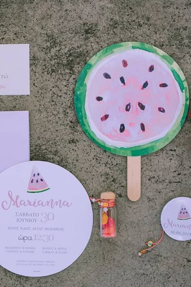Watermelon inspired christening baptism stationary, invitation, envelope, hand fan, thank you note and christening pin for a baptism ceremony.