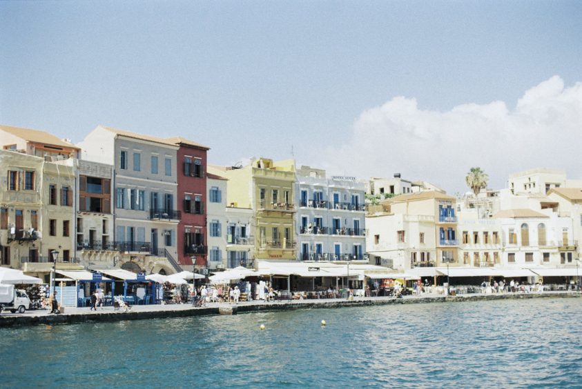 Greece Wedding in Chania, seaside view of buildings across the coast