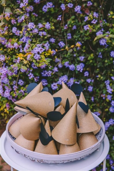 Coned shaped Minnie Mouse Party hats with flowers in the background