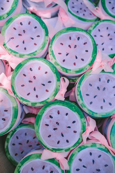 Watermelon baptism ceremony favors, christening box favors with pink ribbons.