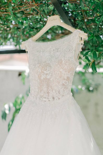 Maria Konidi romantic lace and embellished crystals minimal and chic wedding dress.