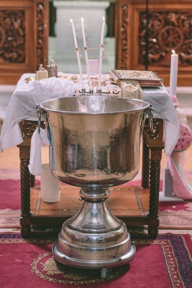 Silver church baptistery and watermelon lambada christening candle.