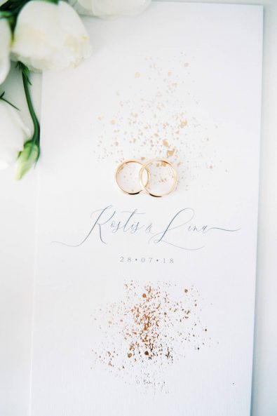 Gold wedding rings photographed on the white and gold wedding invitation.