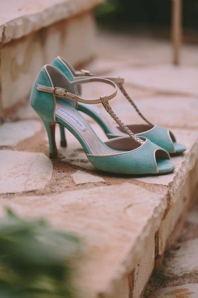 Teal green wedding shoes with golden braid details for a destination wedding in kalamata.