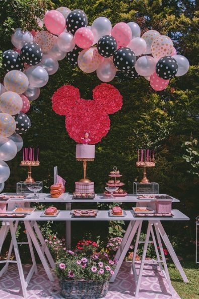Balloons and flowers decorating candy bar