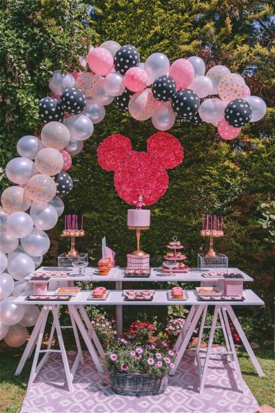Balloons and flowers decorating candy bar at Minnie Mouse party