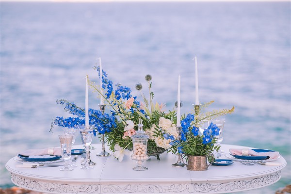 wedding table in front of sea