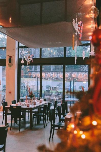 Life gallery hotel venue decorated with snowflakes for a nutcracker inspired event.