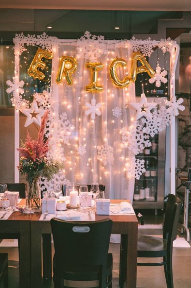 Winter snow theme backdrop for the photo booth and party decoration at gallery life hotel Athens Greece.