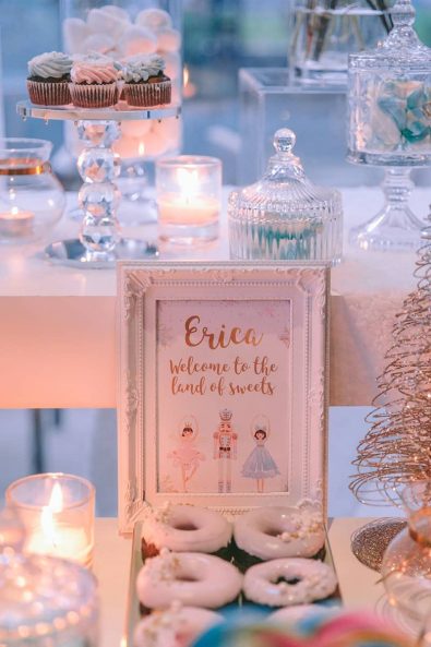 Mini chocolate cupcakes with light pink and blue buttercream, white glazed chocolate doughnuts, crystal serving plates, and candy jars baptism ideas.