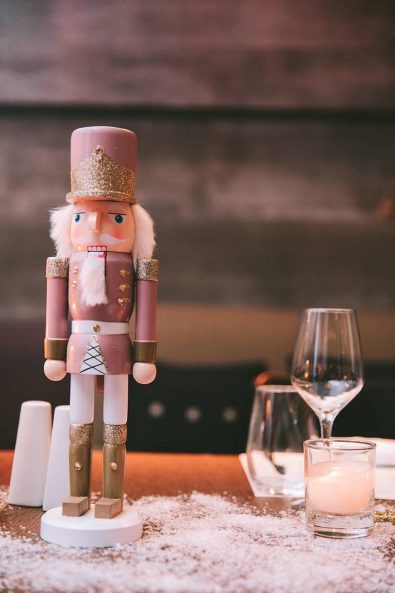 Pink, white and gold nutcracker decoration for a nutcracker inspired baptism event.