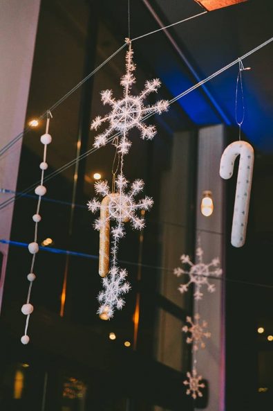 Snowflakes and snow hanging venue decoration for a Christmas christening event.