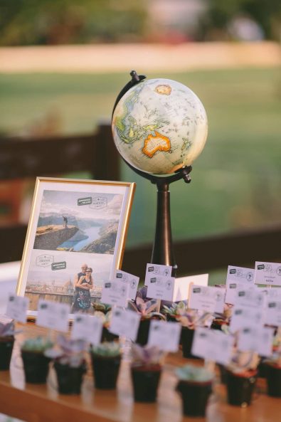 Table with succulent plant pots name cards, wooden frame with bride and groom traveling and illuminating world map globe at a destination wedding in kalamata.