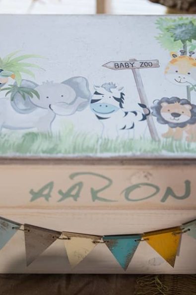 for kids only - Baptism wooden box with jungle animals and the name Aaron.