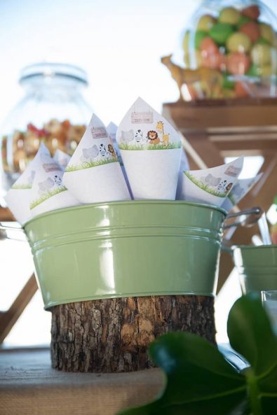 Paper cones with animals for sweet treats.