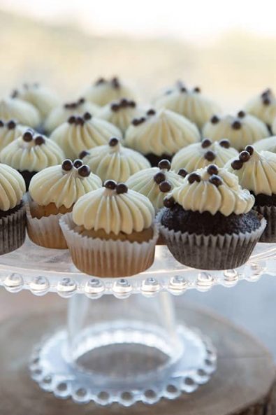 Chocolate and vanilla mini cupcakes with white buttercream frosting and chocolate pops!