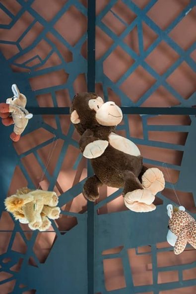 Hanging party decoration with jungle animals.