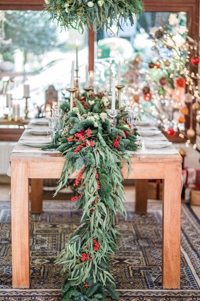 Christmas dinner table decoration and festive setup.