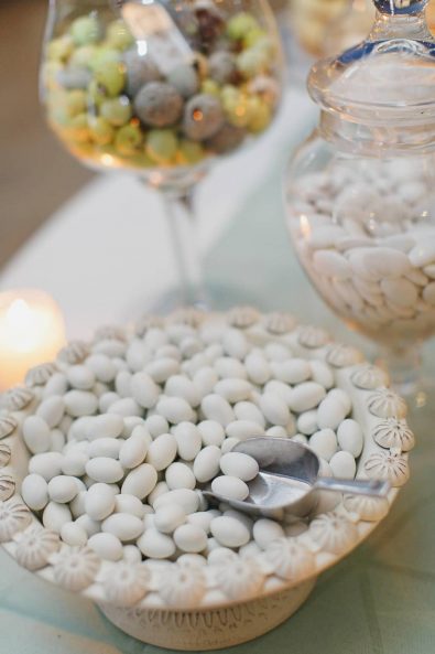 White sugar coated almonds, koufeta in a serving bowl.