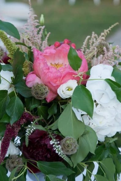 White hydrangeas and peonies bridal flower and flower arrangements.