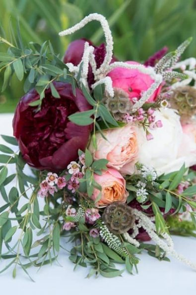 Bridal flowers with peonies and eucalyptus.