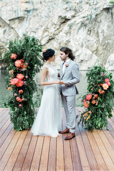 Bride and Groom holding hands at their elopement in Greece