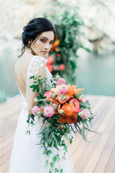 Bride holding wedding bouquet for her elopement in Greece