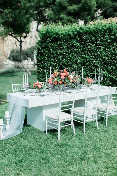 Wedding bouquet on wedding table on garden
