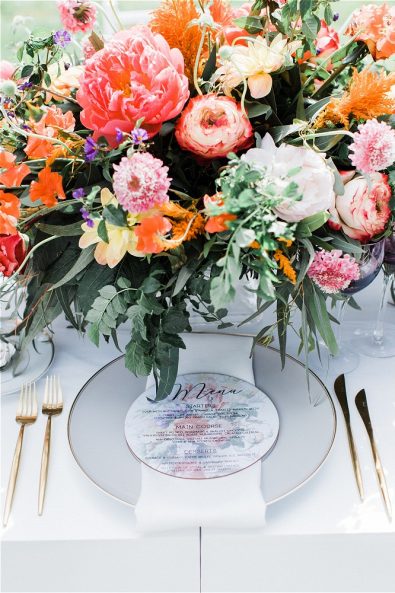 Wedding bouquet and dinner plate