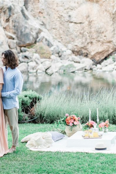 Bride and Groom in front of picnic at their elopement in Greece