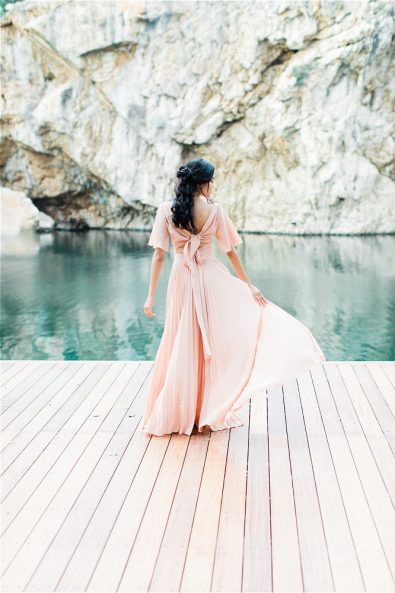 Bride in pink dress at her elopement in Greece
