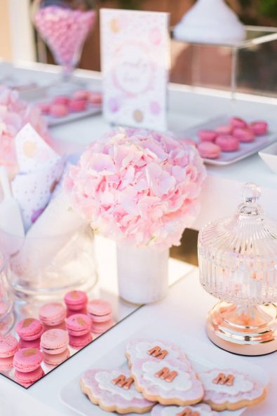 Close up shot of candy bar dessert station with sweet treats, macarons and biscuits and pink hydrangea at a baby christening.