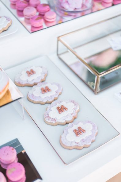 Custom made sugar cookies with sugar paste, rosegold initials, and copper speckles.