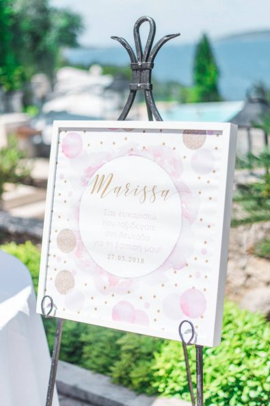 Christening welcome sign with rose gold and pink polka dots.