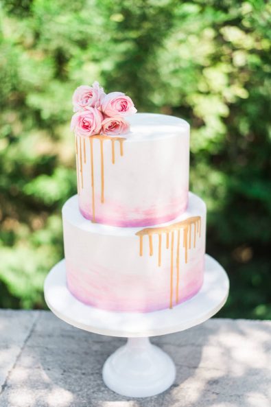 Christening - Pink, purple, gold and blush cake with rose decorations.