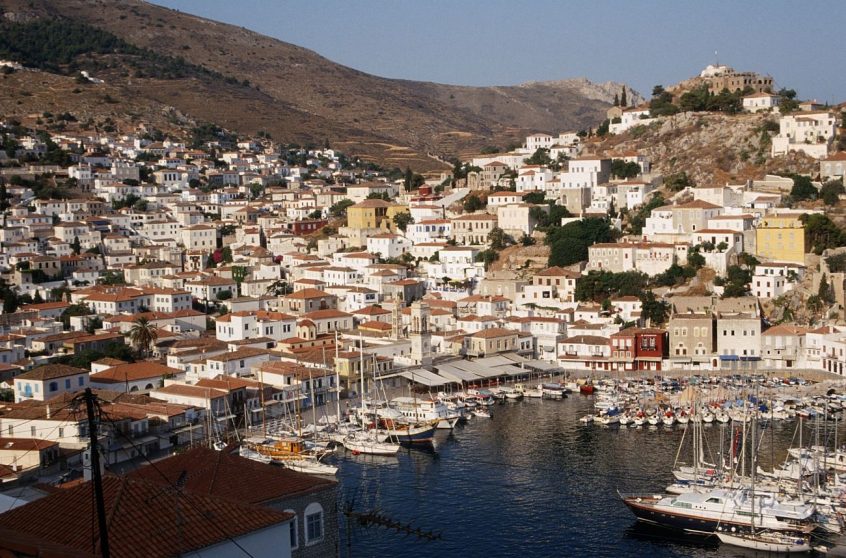 Hydra Greece island port view with buildings