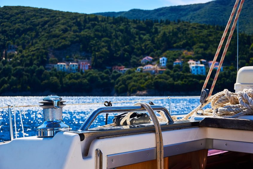 Ithaca Greece view of island and sea from boat