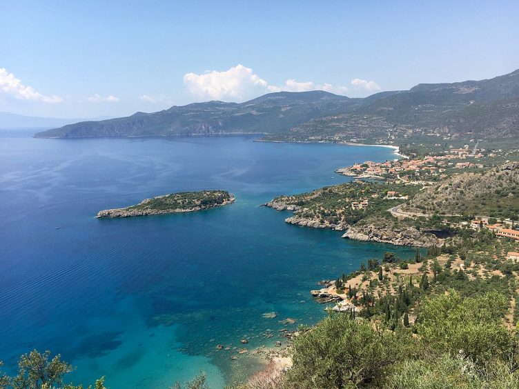 Kardamyli Greece sea and forest view from hill