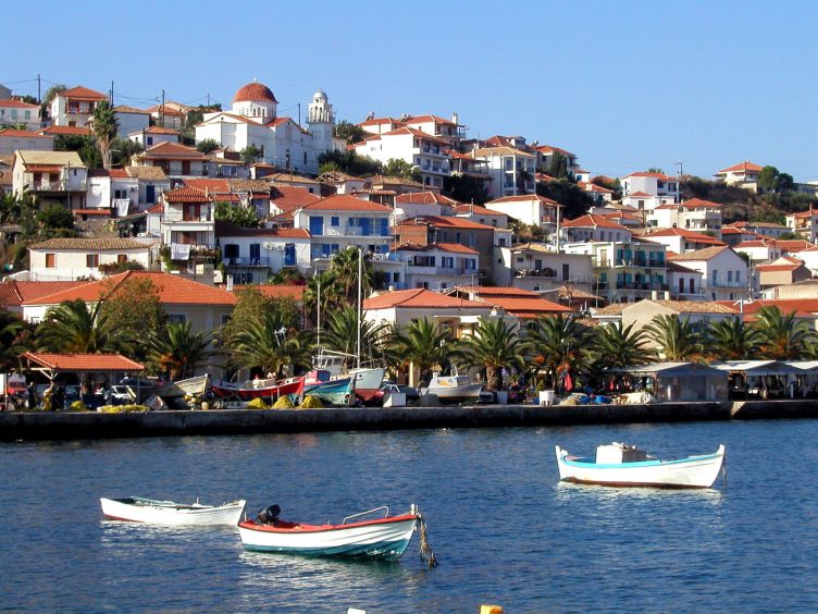 Koroni Greece view of village and sea from boat