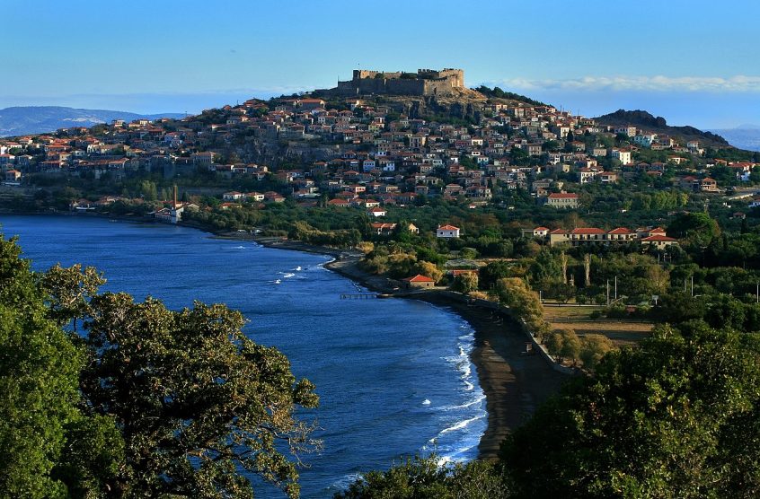 Lesvos Greece sea and beach view from hill