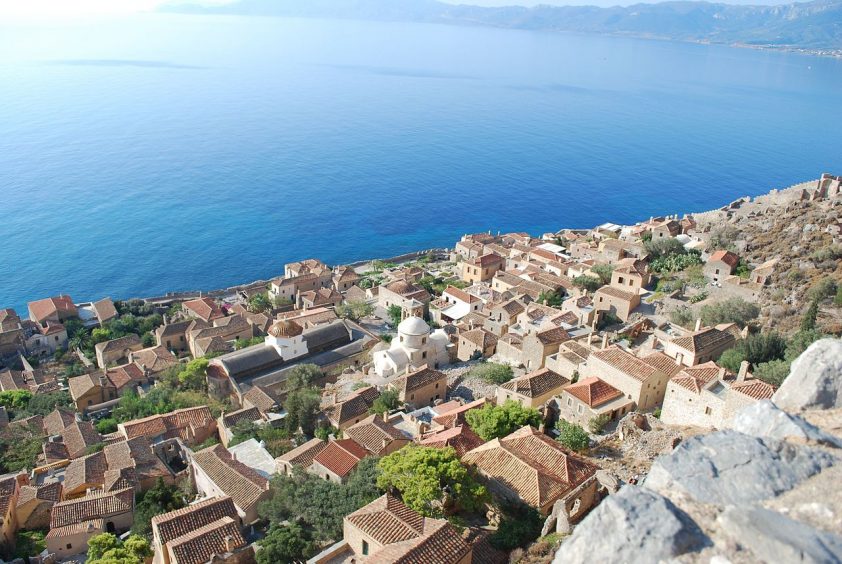 Destination wedding in greece Monemvasia sea and town view