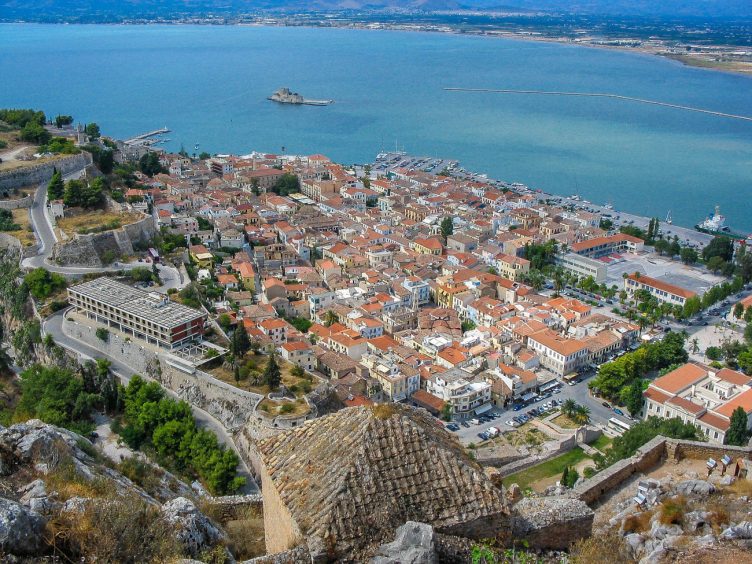 Nafplio Greece town and sea view from hill