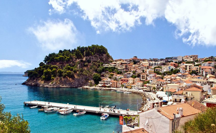 Destination wedding in Parga port, sea and island view