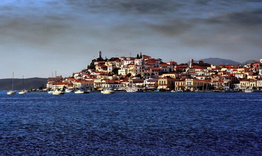 Destination wedding in Greece Poros island view from sea