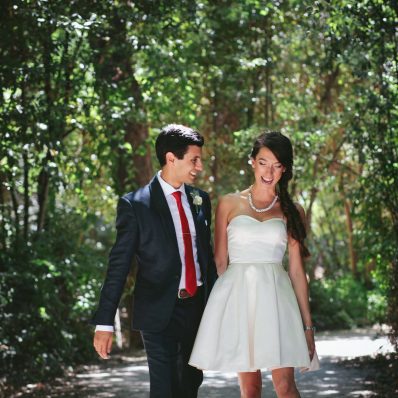 Bride and groom garden wedding photograph.