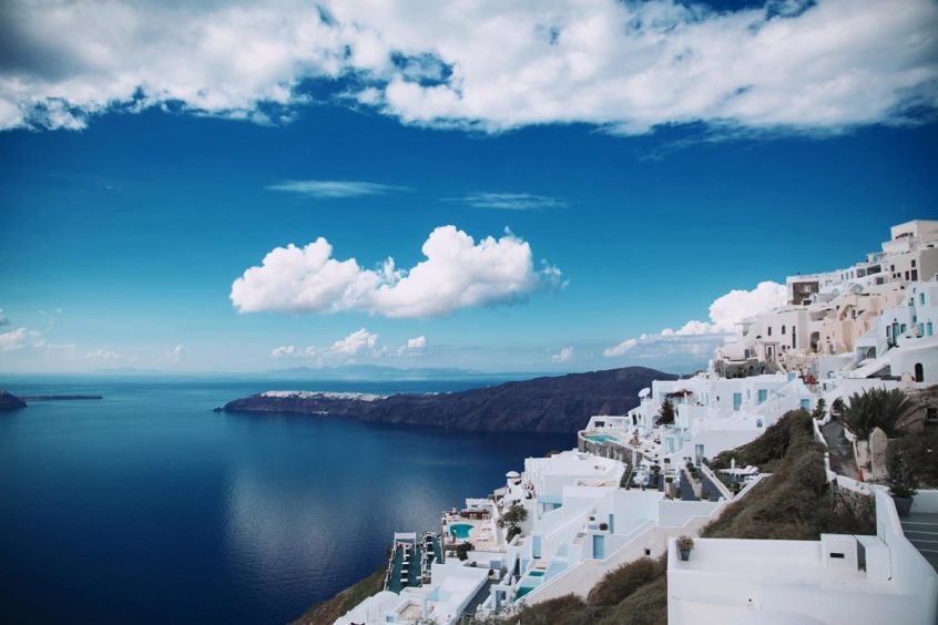 Santorini Greece, view of buildings, sea and sky