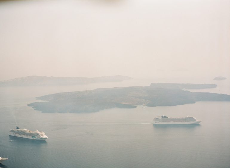 Santorini view from sky with fog