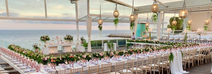 Wedding reception table and flower decorations